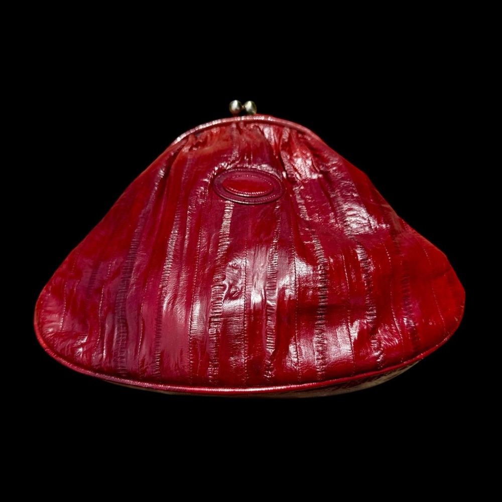 Vtg Red Eel Skin Clutch Triangle Belt Bag Leather Boho 1970s